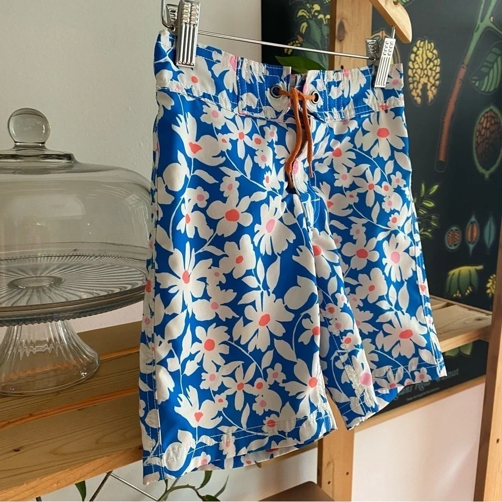 Crewcuts Blue White Pink Floral Print Swim Trunks Shorts 6